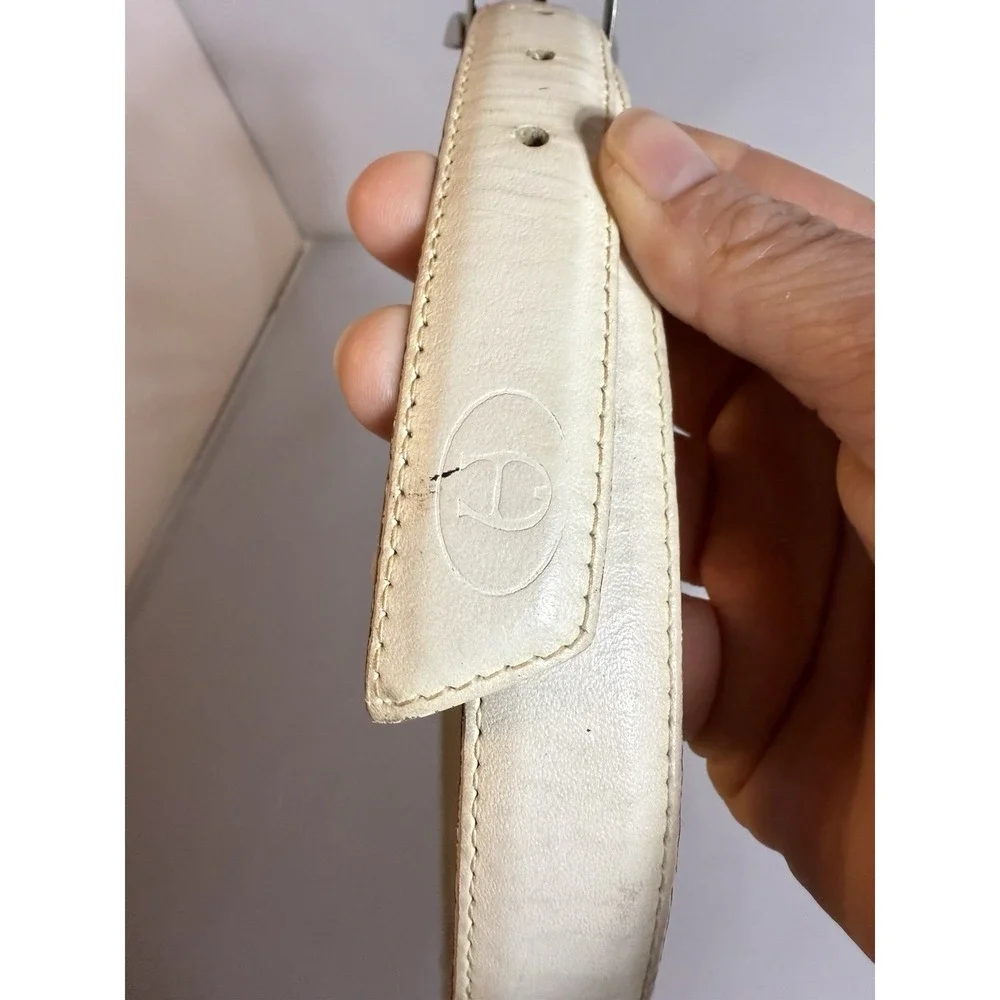 Etienne Aigner White Leather Belt Size 30 Ornate Brass Buckle Italy 1259 Vintage